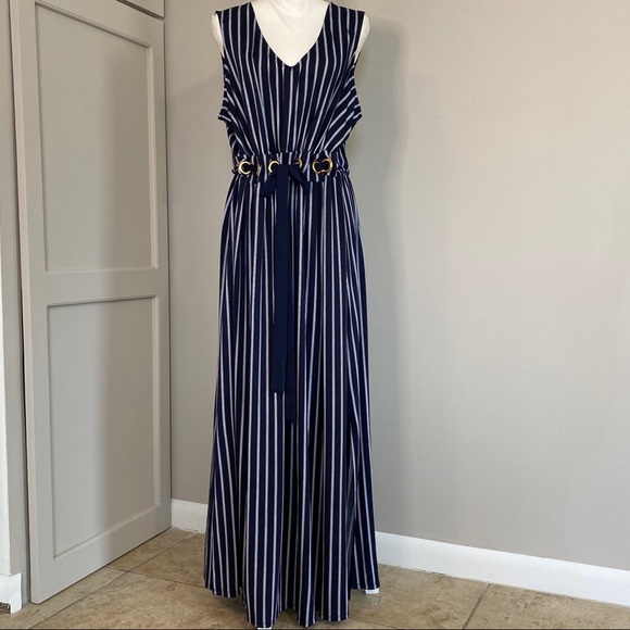 navy and white vertical striped dress